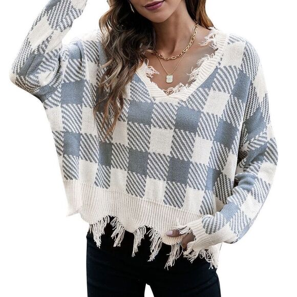 Hazel Moon Women’s Pink Grey Plaid V-Neck Distressed Fringe Pullover Sweater 3X - Picture 2 of 13